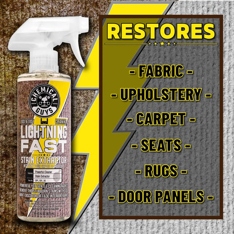 Lightning Fast Carpet And Upholstery Stain Extractor 16 Oz displayed in a spray bottle, ideal for restoring fabric and carpets.