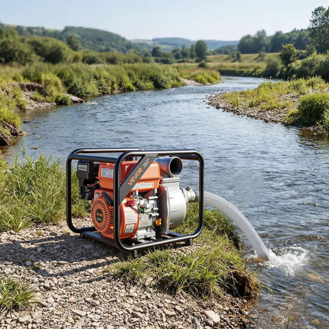 Heavy Duty 7HP Gas Powered Water Pump Pulling 242 GPM Through 3 Inch Intake, used for yard draining by a river.