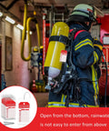 Firefighter in gear with fire extinguisher in station, inset shows Clear Fire Extinguisher Inspection Tag Covers 3.4 x 7.3 Inch Handy Pack With Tamper Seals Galvanized Wire And Service Tags For Indoor Outdoor Safety Checks 50 Pack Waterproof Resealable Tags.