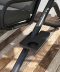 Close-up of cup holder and frame on Two Seat Patio Swing Chair With Removable Canopy And Cup Holders For Porch, Garden, Poolside, And Backyard Gray Outdoor Swing With Easy Assembly, Weather Resistant Frame For Total Chill Outdoors