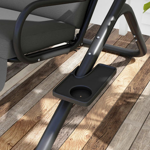Close-up of cup holder and frame on Two Seat Patio Swing Chair With Removable Canopy And Cup Holders For Porch, Garden, Poolside, And Backyard Gray Outdoor Swing With Easy Assembly, Weather Resistant Frame For Total Chill Outdoors