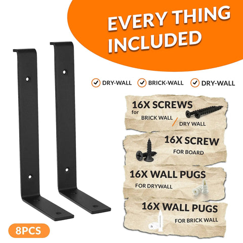 Eight Pack 12-Inch Z Shelf Brackets With Lip Black Heavy Duty Wall Mounted Shelving Support for DIY Projects, hardware included