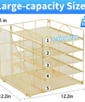 Five Tier Desktop File Organizer With Magazine Holder In Gold Finish with dimensions labeled