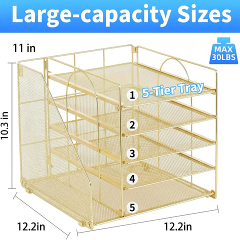Five Tier Desktop File Organizer With Magazine Holder In Gold Finish with dimensions labeled