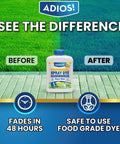 Front view of Adios! blue 8oz spray dye marker bottle for grass and lawn, shown on tiled deck.