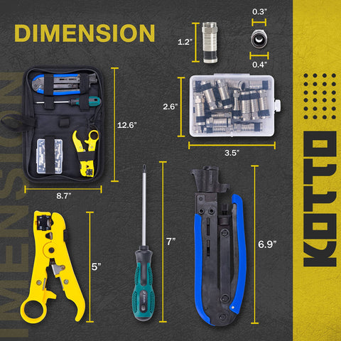 Coax Cable Crimp Kit with Adjustable Compression Tool for RG6 RG59 RG11 F Connectors Includes Coax Stripper and 20 F Compression Connectors Ergonomic Anti Slip Handle Easy Thumb Screw Adjustment