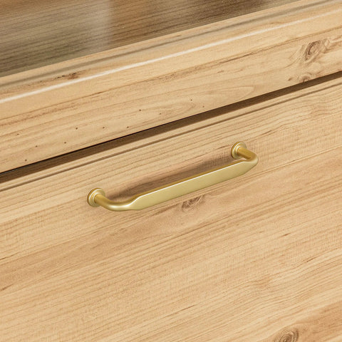 Brushed Brass Cabinet Pulls Seven And One Half Inch Ten Pack Zinc Alloy Solid Hardware for kitchen cabinets installed on wood drawer