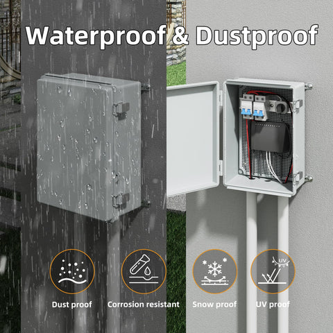 Joinfworld 14x10x6 waterproof plastic junction box; left closed weatherproof enclosure, right opened box with wiring.