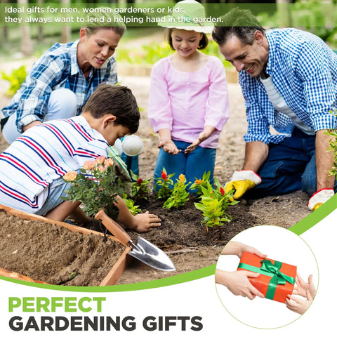 Family gardening using an 11 inch garden hand trowel with wood handle, tough as nails heavy duty polished stainless steel digging tool.