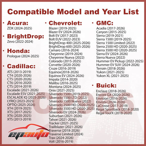 Compatible model and year list for Cabin Air Filter Replacement CP966 For GM Select Models 2013 To 2025