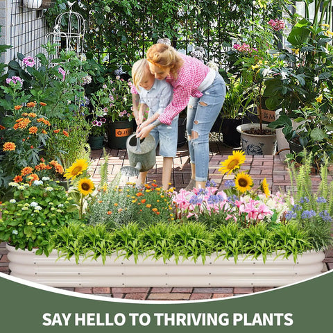 Galvanized Raised Garden Bed Kit 8x2x1 Ft Two Pack Outdoor Metal Planter Boxes For Vegetables And Flowers Built To Last No Fuss Setup Rust Resistant White Finish with plants and people in garden.