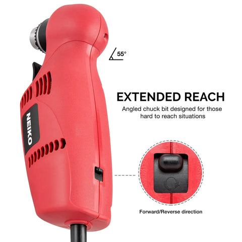Right Angle Corded Drill With 55 Degree Head For Tight Spots Three Eighths Inch Keyed Chuck Variable Speed 0 To 1400 RPM 120V Power Drill