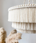 Boho Fringe Chandelier Pendant Light For Nursery Or Bedroom, Handmade 3 Light Fixture With Cream Fringe, Gold Metal Frame close-up