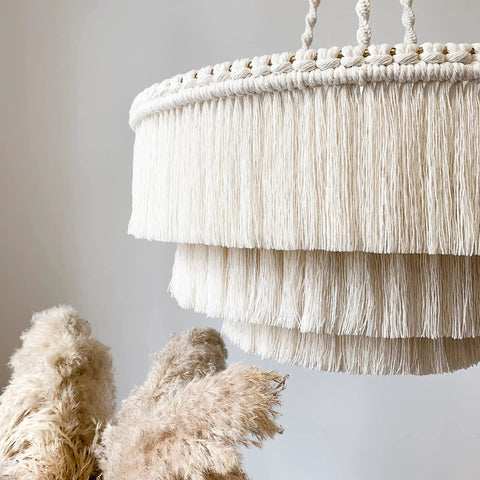 Boho Fringe Chandelier Pendant Light For Nursery Or Bedroom, Handmade 3 Light Fixture With Cream Fringe, Gold Metal Frame close-up