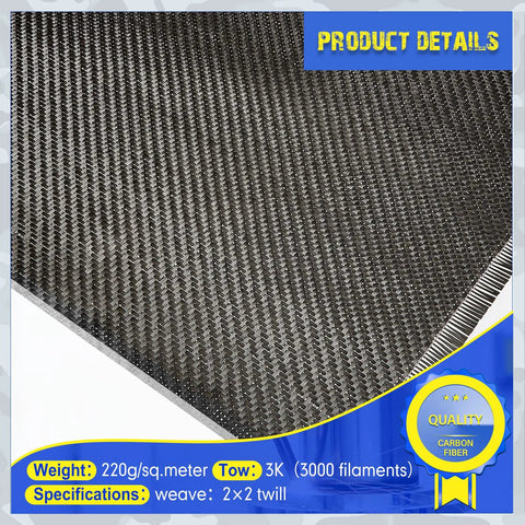 Carbon Fiber Twill Weave Cloth Roll 10 Feet By 12 Inches Black 3K 220G close-up showing texture and weave pattern.