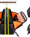 42-Pocket Waterproof Tool Tote For HVAC And Electricians, showing front and back with open pockets and steel-framed organizer