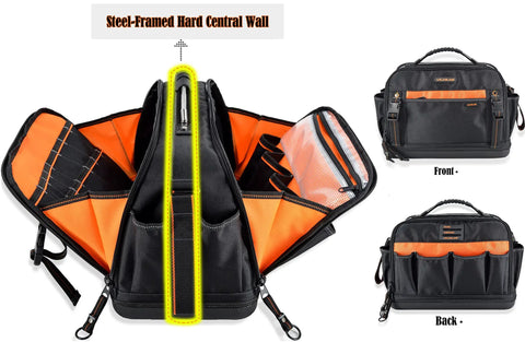 42-Pocket Waterproof Tool Tote For HVAC And Electricians, showing front and back with open pockets and steel-framed organizer