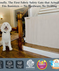 No Drill Baby Gate for Stairs, Portable Fabric Gate for Kids and Pets shown installed between wooden banisters