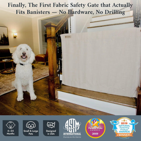 No Drill Baby Gate for Stairs, Portable Fabric Gate for Kids and Pets shown installed between wooden banisters