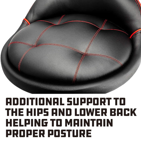 Close-up of the padded seat on a Rolling Stool With Padding And Lumbar Support For Garage Use, showing red stitching detail.