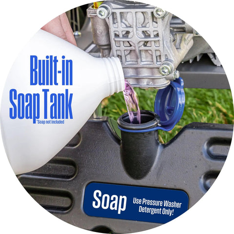 Pouring liquid soap into Electric Pressure Washer With 3000 Max PSI And 1.76 Max GPM Induction Motor Onboard Soap Tank 25 Ft Hose
