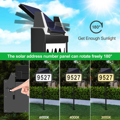 Solar Powered Address Sign With LED House Numbers White Warm RGB Illumination, IP65 Waterproof Outdoor Plaque showing 180° rotation and lighting modes