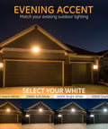 Motion Sensor Outdoor Flood Light With 3 Head LED Security Light illuminating a garage in different white shades
