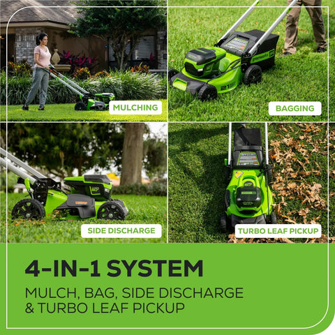 60V 21 Inch Brushless Cordless Lawn Mower Push with 5.0Ah Battery demonstrating mulching, bagging, side discharge, turbo leaf pickup