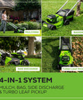 Collage of 60V Brushless Self Propelled Cordless Lawn Mower with 21 Inch Deck demonstrating mulching, bagging, side discharge, leaf pickup.