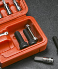 Open orange storage case with Gear Up Bike Torque Wrench Set 1/4 Inch Drive With Hex And Torx Bits 2-20 Nm Click Wrench showing bits