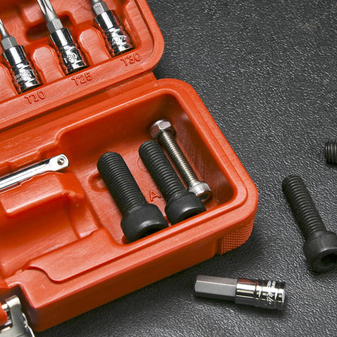 Open orange storage case with Gear Up Bike Torque Wrench Set 1/4 Inch Drive With Hex And Torx Bits 2-20 Nm Click Wrench showing bits
