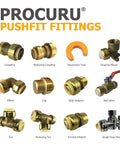 Various brass push fit plumbing fittings including coupling, elbow, tee, and ball valve displayed with disconnect tool.