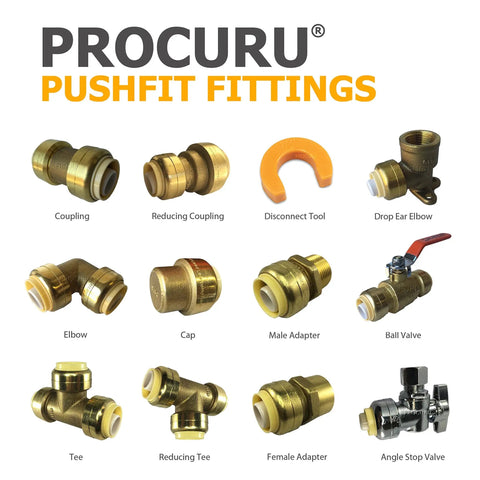 Various brass push fit plumbing fittings including coupling, elbow, tee, and ball valve displayed with disconnect tool.
