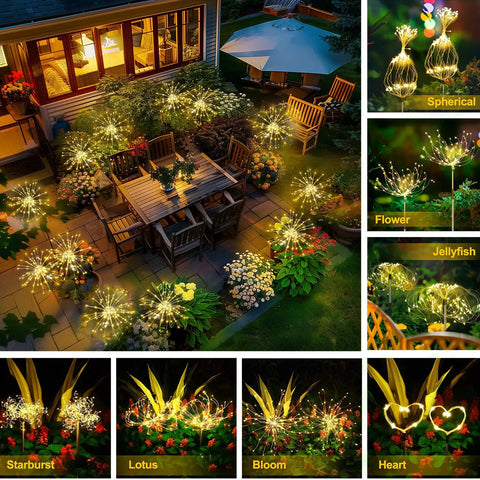 Outdoor patio and garden illuminated by Two Pack Solar Firework Copper Wire Lights for Outdoors With 120 LED Beads Bendable Twinkle Beams