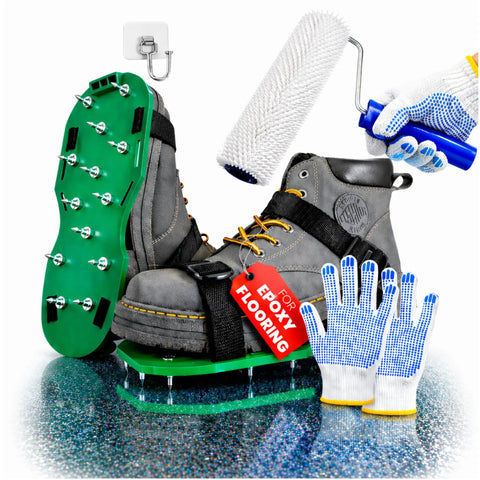 Spiked Roller Kit For Self Leveling Compound And Epoxy Floors, 9 Inch Roller With Protective Spike Shoes, Dotted Gloves