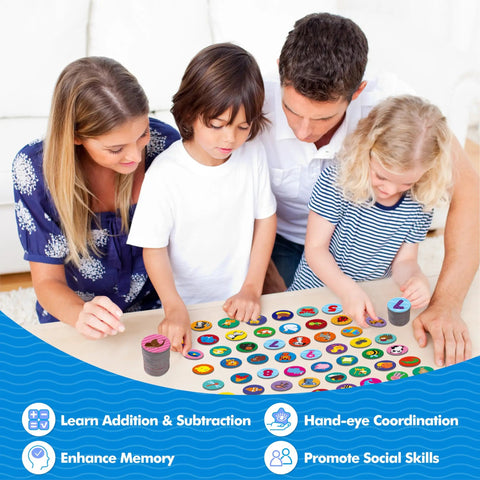 Family playing with Math Games Round Cards For Kids Add Subtract Fun And Easy 120 Math Facts Cards at home table