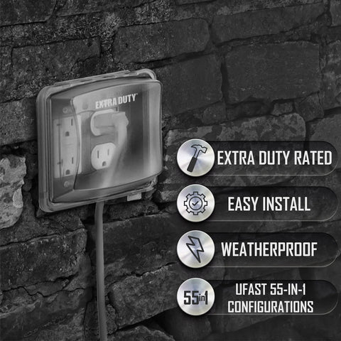 Extra Duty Weatherproof In-Use 2-Gang Electrical Outlet Cover For Outdoor Use Nonmetallic Clear 2.75-Inch Opening on stone wall