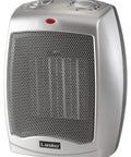 Compact Desktop Ceramic Space Heater With Adjustable Thermostat, Two Heat Settings And Fan Only Mode, silver heater front view