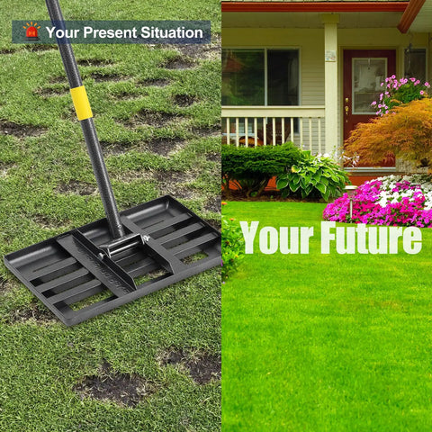 Lawn Leveling Rake With 17x10 Inch Heavy Duty Stainless Steel Head And 72 Inch Adjustable Handle for soil grading next to a house lawn.