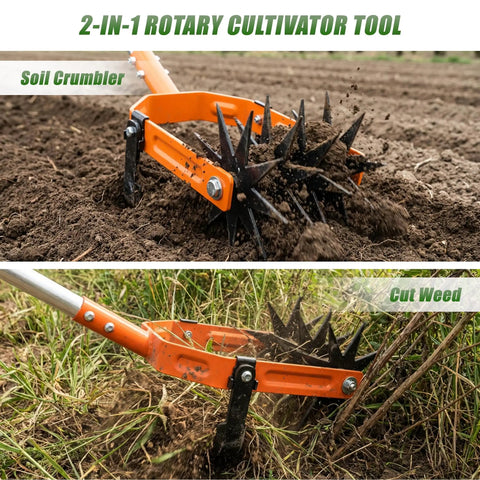 Rotary Cultivator With Long Handle And Adjustable Stainless Steel Pole 2 In 1 Hand Tiller for soil crumbling and weed cutting