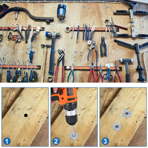 Installation of M10 T Nuts 80Pcs Set Four Pronged Tee Nuts Threaded Inserts For Wood Cabinets Climbing Holds shown step-by-step