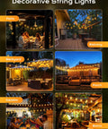 100 Foot Outdoor String Lights ST38 Shatterproof LED Bulbs Dimmable And Waterproof Connectable Up To 24 Strands displayed in various settings