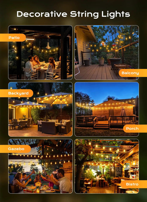 100 Foot Outdoor String Lights ST38 Shatterproof LED Bulbs Dimmable And Waterproof Connectable Up To 24 Strands displayed in various settings