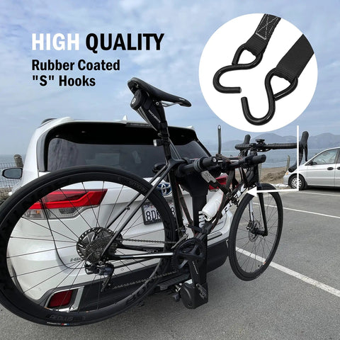 Ratchet Tie Down Straps With Hook Heavy Duty 3000 Pound Break Strength securing bike on car rack