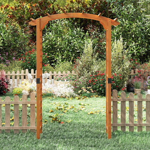 Arched-Top Wooden Garden Arch For Outdoor Use, 7.5 Ft Tall Trellis Arbor For Climbing Plants, Roses And Vines with picket fence and plants