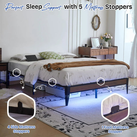 Modern Queen Platform Bed Frame Featuring Smart Rgb Led Lights And Usb Charging Station, showcasing 5 mattress stoppers for stability.