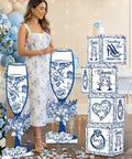 Woman holding decorative block boxes from the Vintage Floral Block Box Centerpiece Set of Four With Matching Champagne Flute Stands.