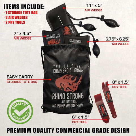 Air Wedge Bag Pump Set Pro Grade Leveling Kit With Non Marking Inflatable Shim Bags And Alignment Tool Three Piece Small Medium Large Includes Pry Tools And Easy Carry Tote For Windows Doors And Cabinets.
