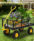 900 Lbs Heavy Duty Steel Garden Cart With 180 Degree Rotating Handle Removable Mesh Sides on grass with plants and tools