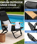 Premium Portable Camping Chair With Five Position Recliner Lightweight Foldable Outdoor Lounger by poolside with wooden armrests.